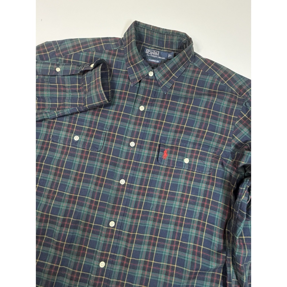 Vintage Ralph Lauren Shirt Men's L Green Blue Check Red Pony Long Sleeve Pockets